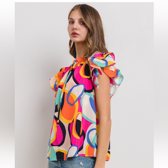 04 Boho Print Ruffle Sleeve Woven Blouse - Picture 6 of 7